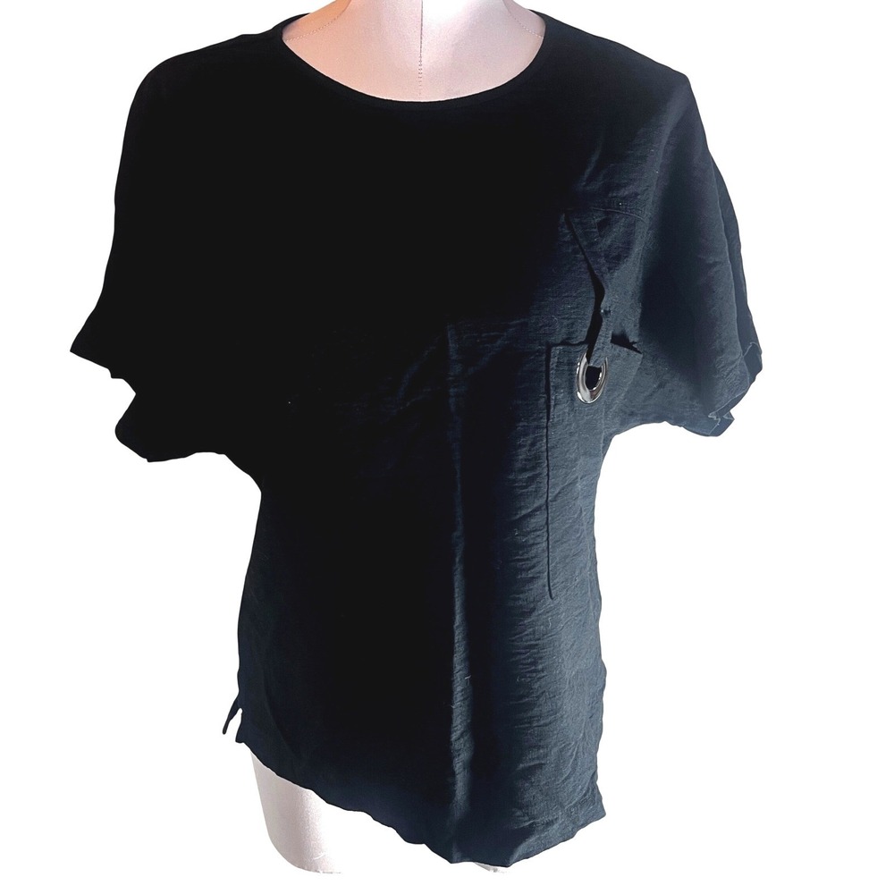 Pistachio Black Lagenlook Boxy Metal Ring Pocket Top Size L Viscose Artsy Minima